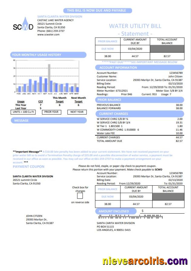 USA California Santa Clarita Water Division SCWD utility bill